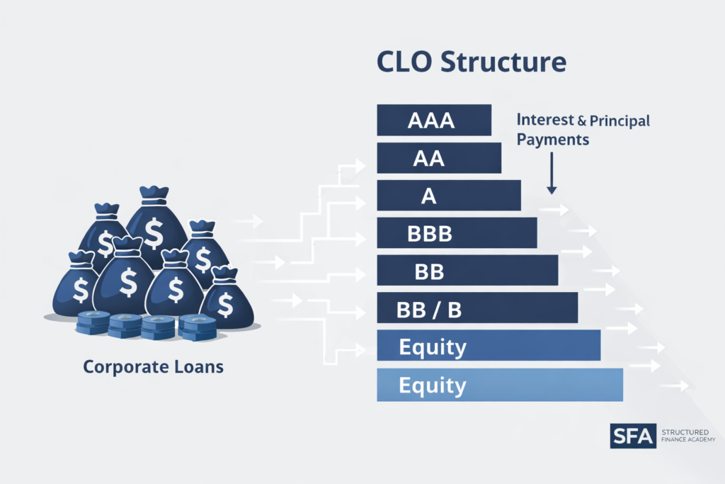 CLO structure and cash flow diagram